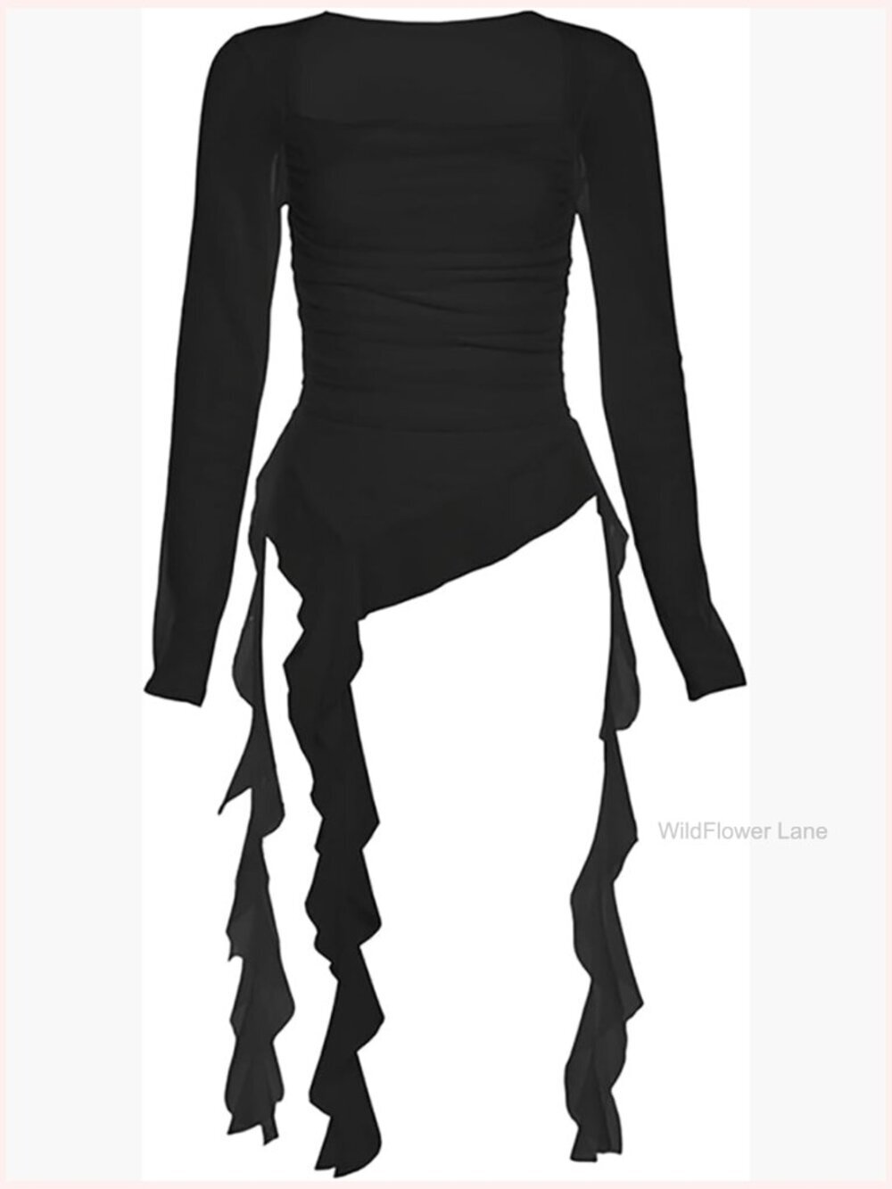 Long Sleeve Crop Top Ruffle Asymmetrical Going Out Flowy Trendy Blouse